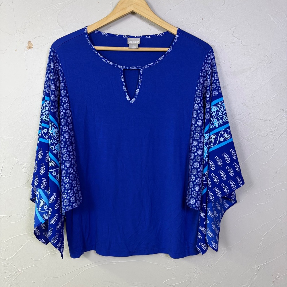 Chicos Blue Kimono Sleeve Top Womens Size 2 L Floral Paisley Print Boho Chic
